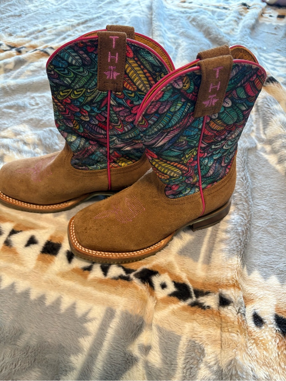 Tin Haul Brown Suede Kids Western Boots with Multicolor Feather Shaft